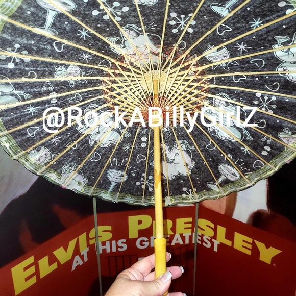 Sourpuss 32" Retro Pink Teal Elephants Martini Glass Paper Parasol Bamboo Handle - Picture 7 of 8